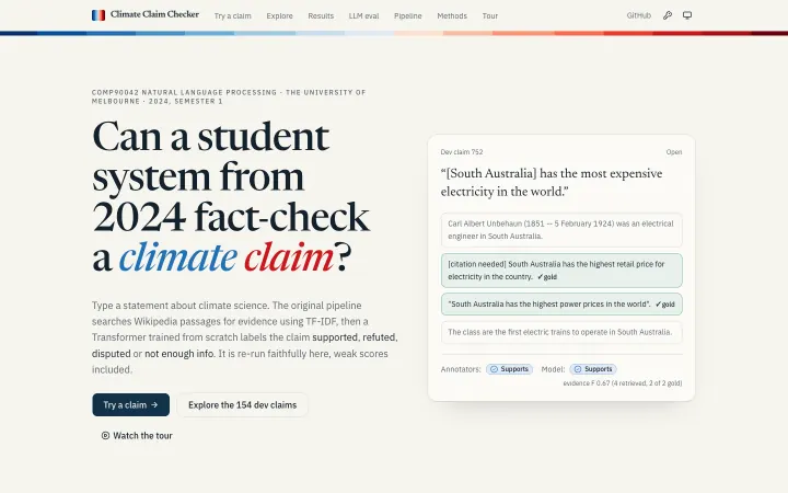 Landing, light theme: The question, the pipeline and a real dev claim with its evidence and both verdicts.
