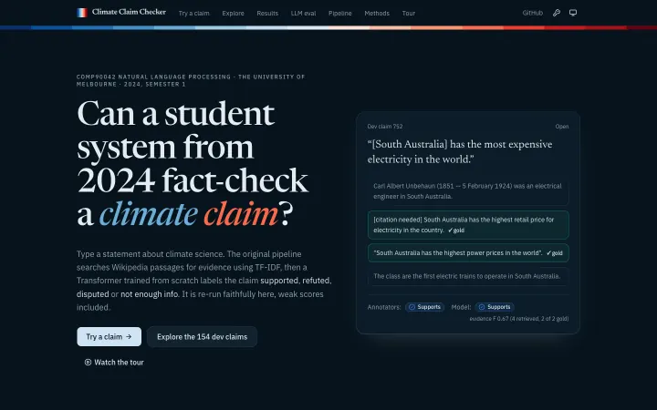 Landing, dark theme: The same page in the dark theme.