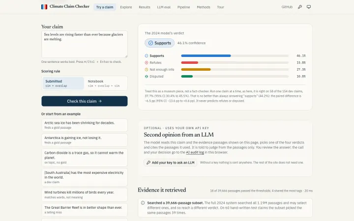 Check a claim: A typed claim, the verdict and all four class probabilities, beside the dev-accuracy CI.