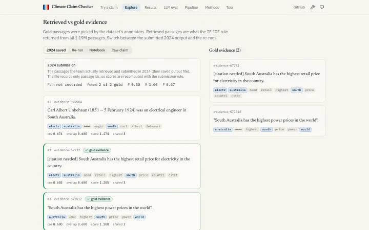 Gold vs retrieved evidence: One claim's retrieved passages against the annotators' gold evidence.