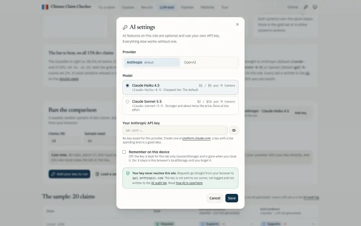 Bring your own key: AI settings: your own key, kept in this browser and never sent to this site.