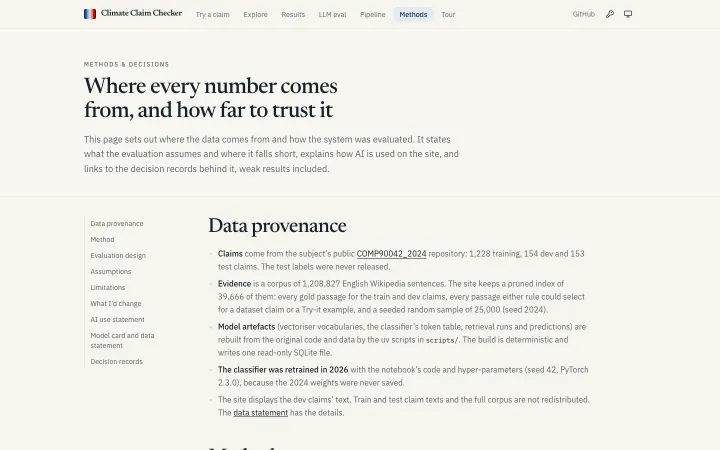 Methods and decisions: Provenance, evaluation design, limitations, the AI use statement and decision records.